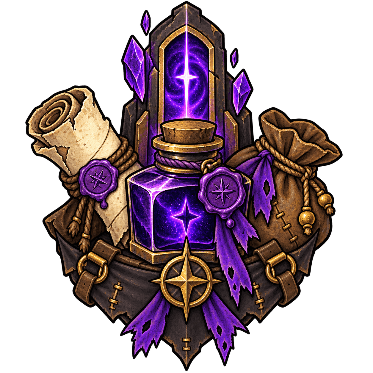 PEDDLER crest with purple relics and merchant goods