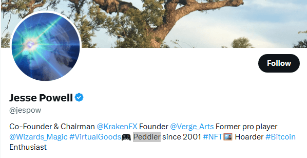 Screenshot of Jesse Powell’s public X profile bio showing the phrase VirtualGoods Peddler since 2001